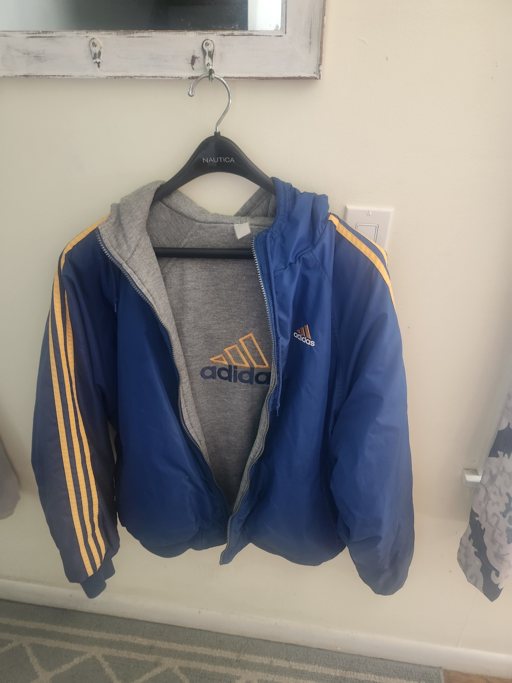 This item is a vintage 1990s/early 2000s Adidas Reversible Hooded Jacket XL